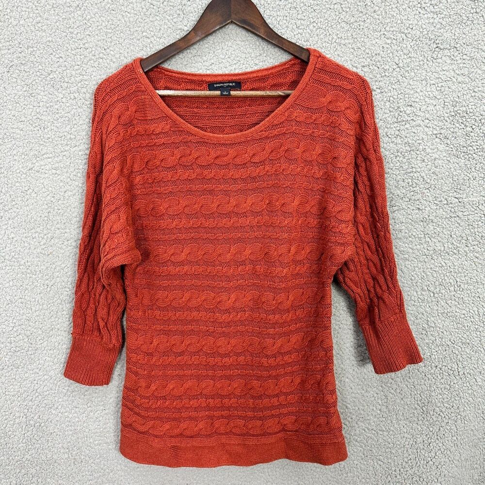 Banana Republic Fisherman Sweater Women Medium Orange Cable Knit Pullover Preppy